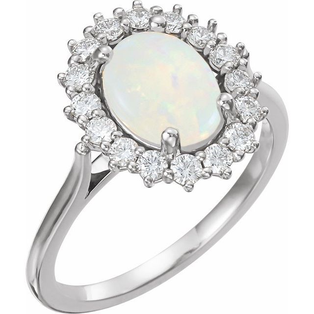 Sterling Silver Natural White Opal & 1/2 CTW Natural Diamond Ring
