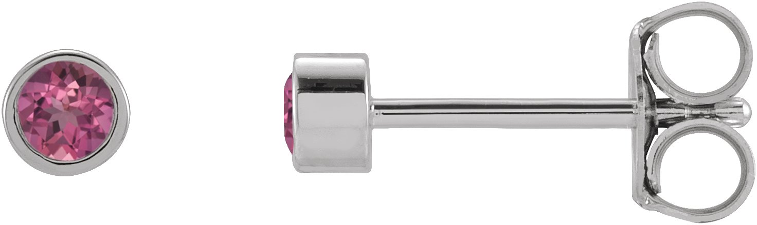 14K White 2.5 mm Round Natural Pink Tourmaline Micro Bezel Single Stud Earring