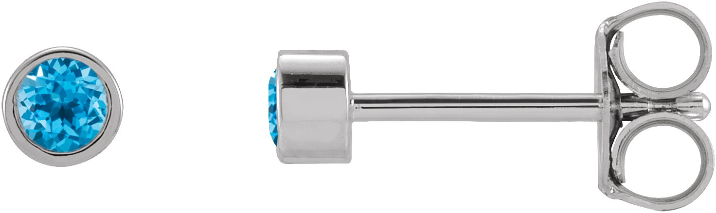 14K White 2.5 mm Round Natural Swiss Blue Topaz Micro Bezel Single Stud Earring