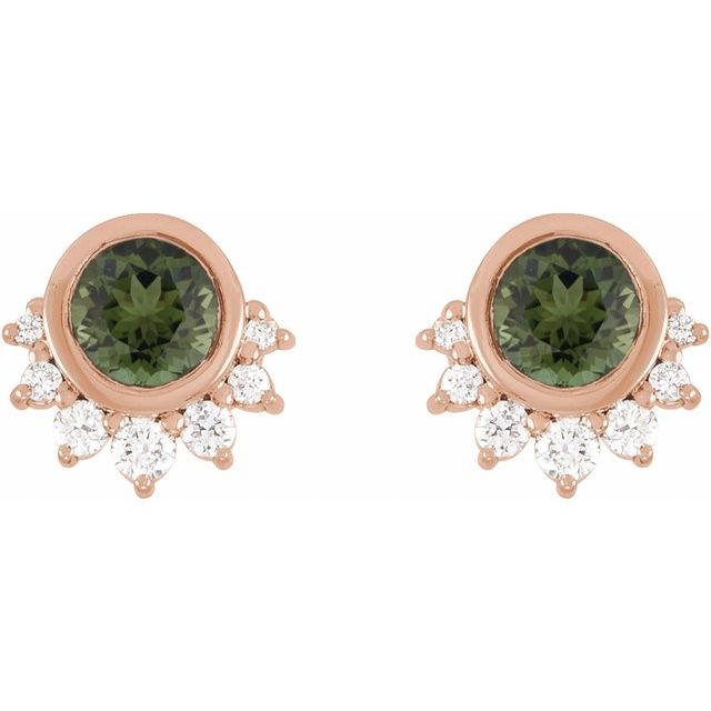14K Rose Natural Green Tourmaline & .08 CTW Natural Diamond Earrings