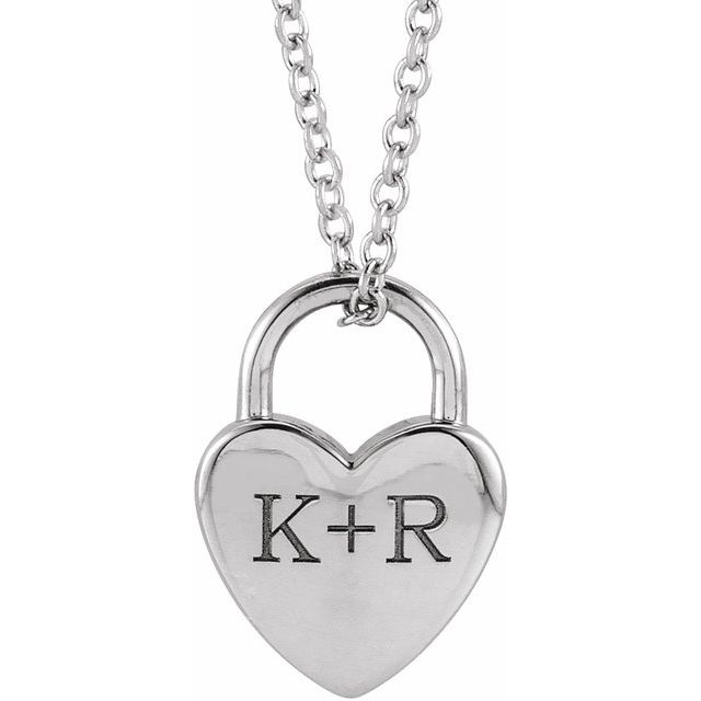 14K White Engravable Heart Lock 16-18 Necklace