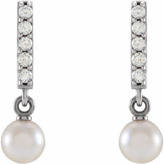 14K White Cultured Akoya Pearl & .03 CTW Natural Diamond Bar Earrings	