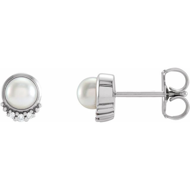 Sterling Silver Cultured White Akoya Pearl & .02 CTW Natural Diamond Earrings