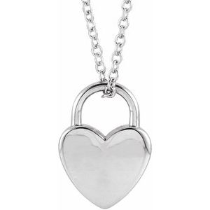 14K White Engravable Heart Lock 16-18" Necklace
