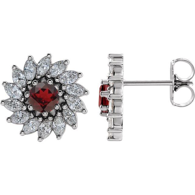 Sterling Silver 4 mm Natural Mozambique Garnet & 7/8 CTW Natural Diamond Earrings