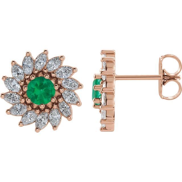 14K Rose 4.5 mm Natural Emerald & 1 3/8 CTW Natural Diamond Earrings