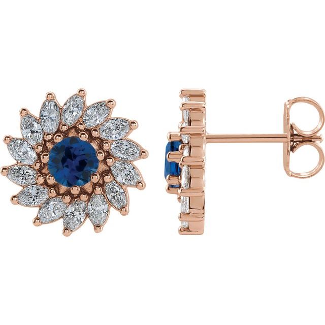 14K Rose 4.5 mm Natural Blue Sapphire & 1 3/8 CTW Natural Diamond Earrings