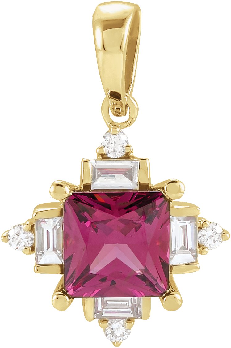 14K Yellow Natural Rhodolite Garnet & 1/5 CTW Natural Diamond Geometric Pendant