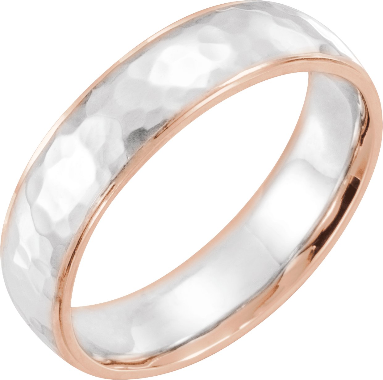 14K Rose/White/Rose 6 mm Flat Edge Band with Hammered Texture Size 8