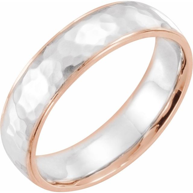 14K Rose/White/Rose 6 mm Flat Edge Band with Hammered Texture Size 8