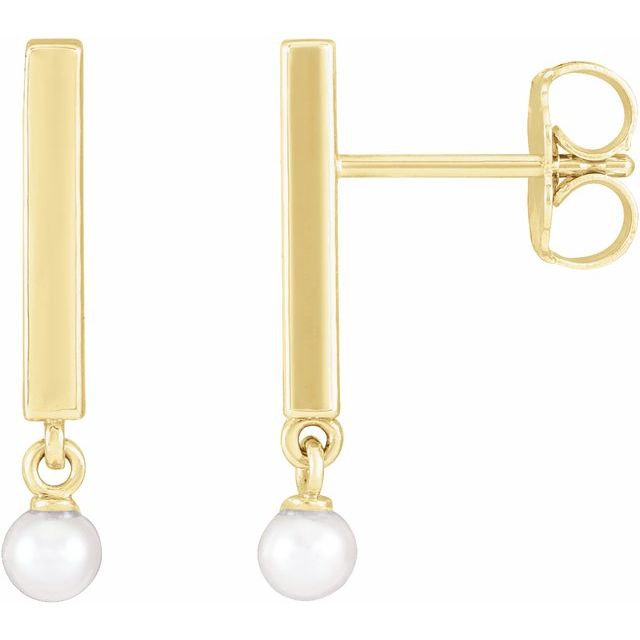 14K Yellow Cultured White Seed Pearl Bar Earrings