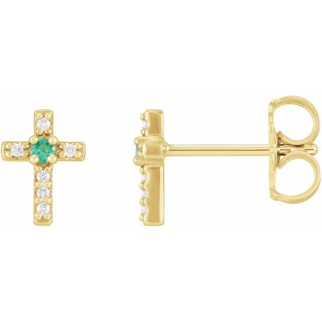 14K Yellow Natural Emerald & .03 CTW Natural Diamond Cross Earrings