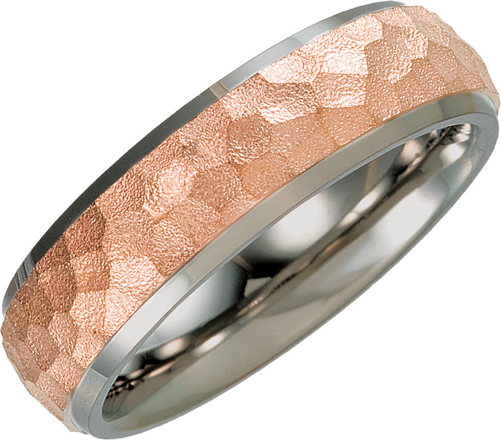 18K Rose Gold-Plated & Titanium 7 mm Beveled-Edge Band with Hammered Finish Size 8.5