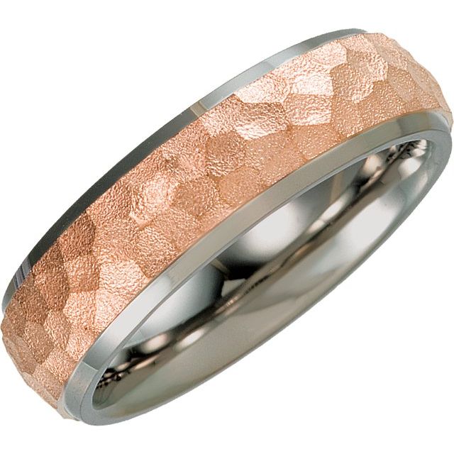 Titanium & Rose Immerse Plated 7 mm Beveled-Edge Band with Hammered Finish Size 11.5