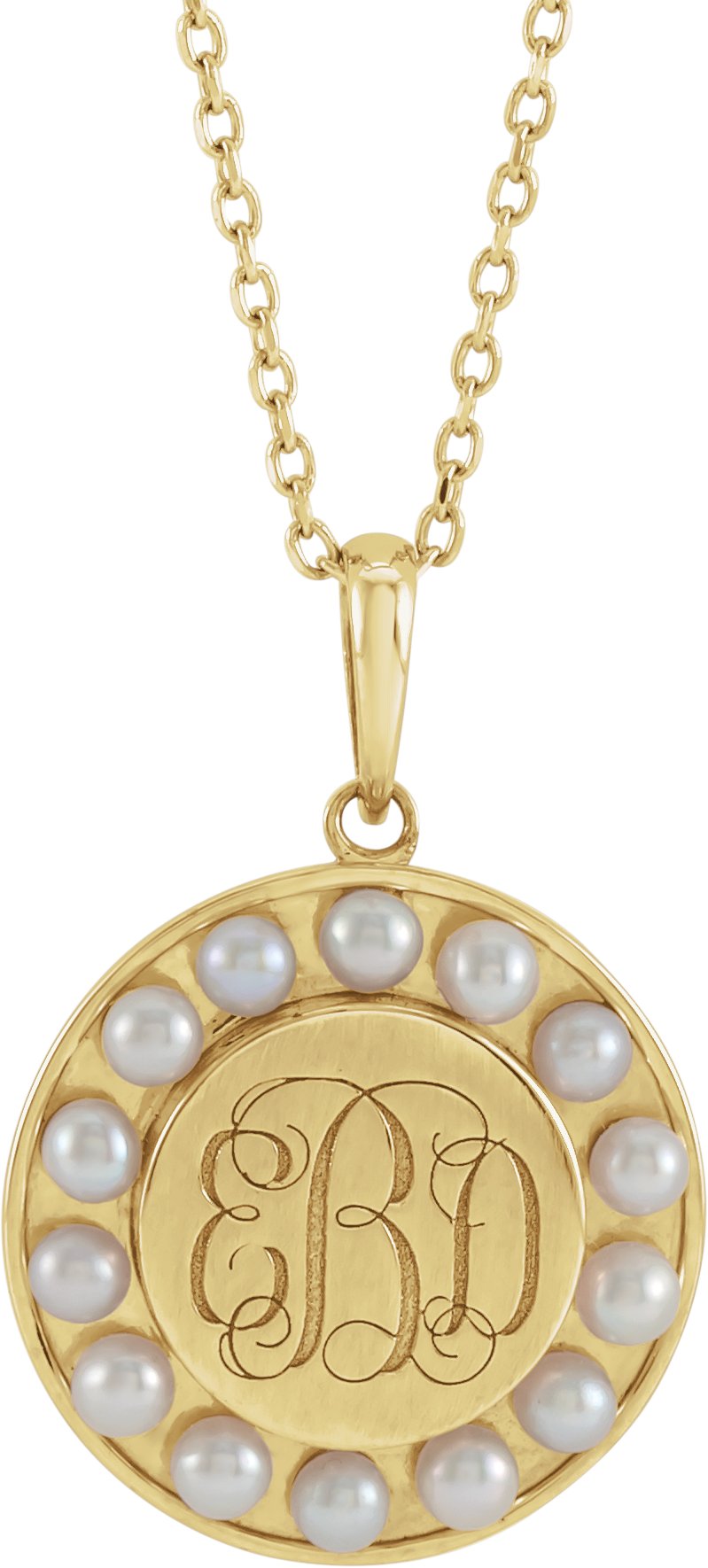 14K Yellow Cultured White Seed Pearl Engravable Halo-Style 16-18" Necklace