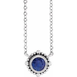 14K White 3 mm Natural Blue Sapphire Beaded Bezel-Set 18" Necklace