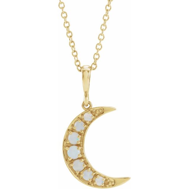 14K Yellow Natural White Opal Cabochon Crescent Moon 16-18 Necklace