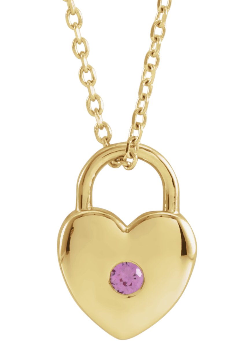 14K Yellow Natural Pink Sapphire Heart Lock 18" Necklace