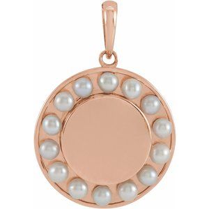 14K Rose Cultured White Seed Pearl Engravable Halo-Style Pendant