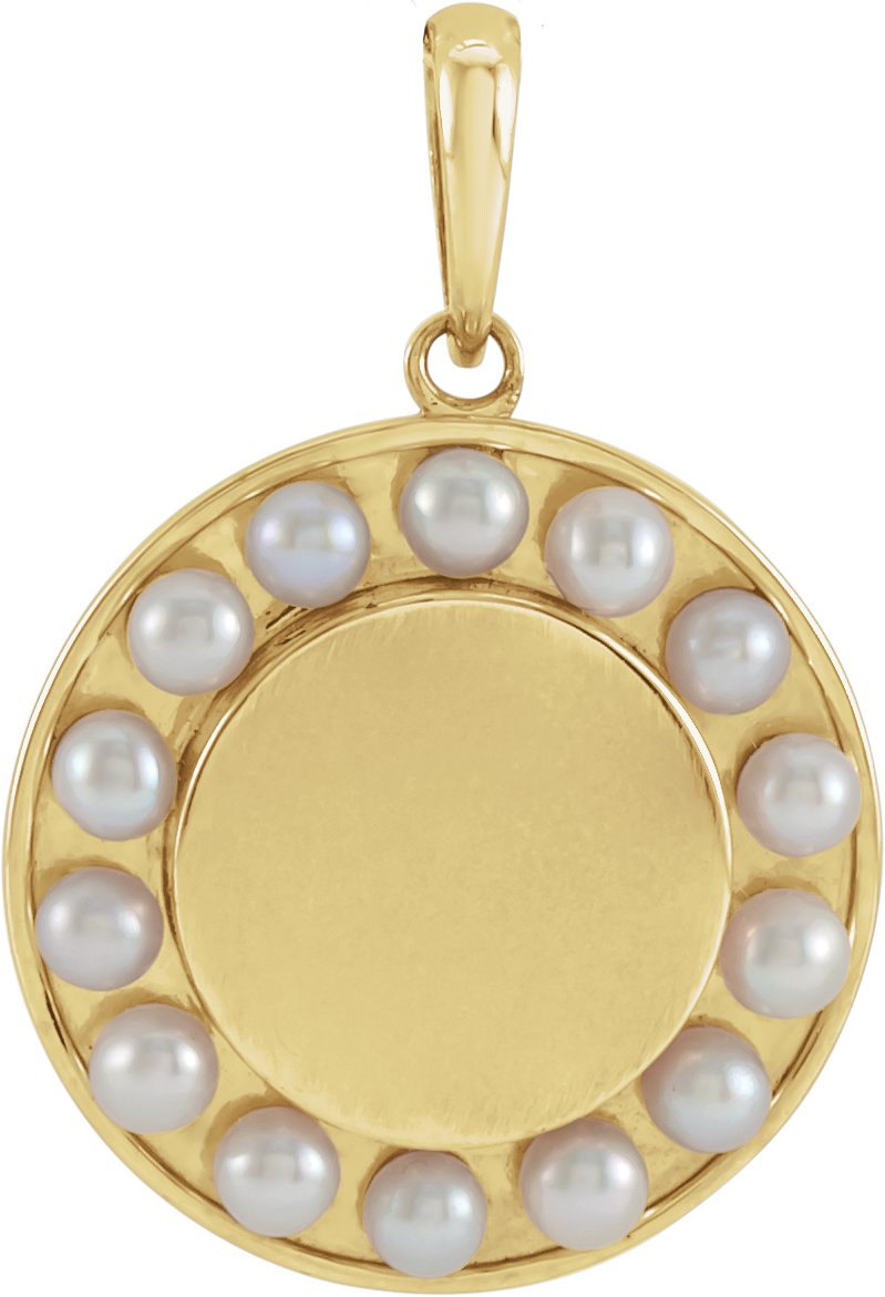 14K Yellow Cultured White Seed Pearl Engravable Halo-Style Pendant