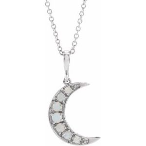 14K White Natural White Opal Cabochon Crescent Moon 16-18" Necklace