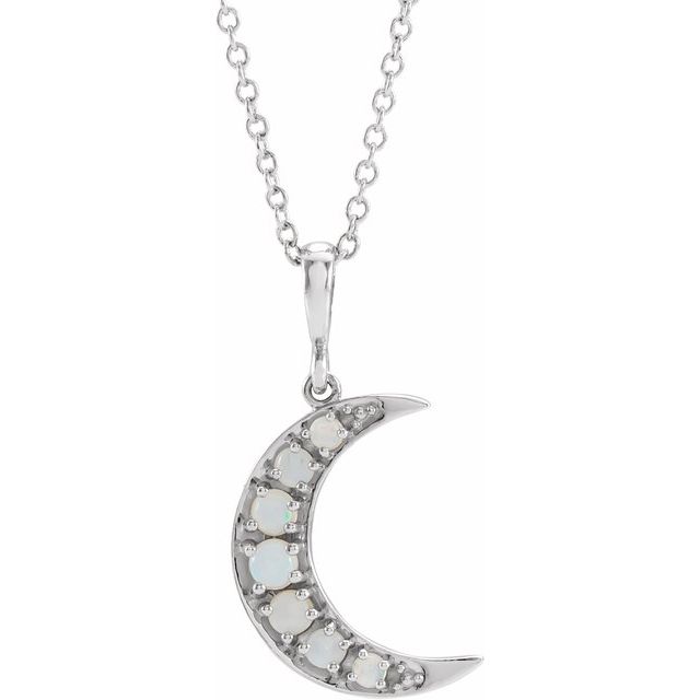 Sterling Silver Natural White Opal Cabochon Crescent Moon 16-18 Necklace