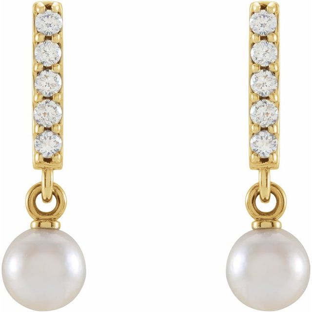 14K Yellow Cultured Akoya Pearl & .03 CTW Diamond Bar Earrings	