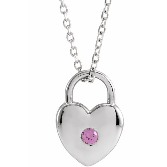 Sterling Silver Natural Pink Sapphire Heart Lock 18 Necklace