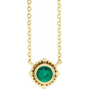 14K Yellow 3 mm Natural Emerald Beaded Bezel-Set 18" Necklace
