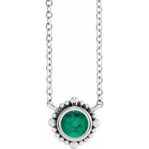 14K White 3 mm Natural Emerald Beaded Bezel-Set 18" Necklace