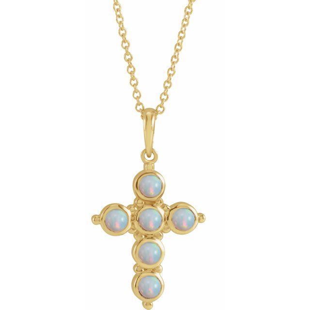 14K Yellow Natural White Ethiopian Opal Cross 16-18 Necklace