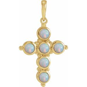 14K Yellow Natural White Ethiopian Opal Cross Pendant
