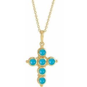 14K Yellow Natural Turquoise Cross 16-18" Necklace