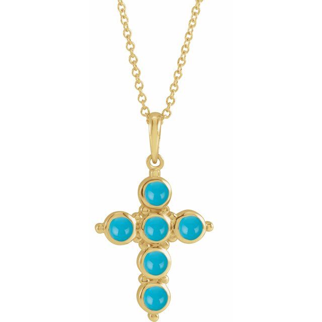14K Yellow Natural Turquoise Cross 16-18 Necklace