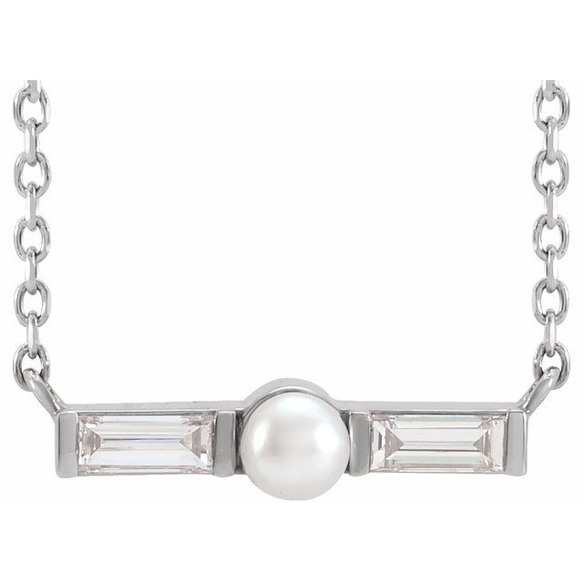 Sterling Silver Cultured White Seed Pearl & 1/6 CTW Natural Diamond Petite Bar Necklace Center