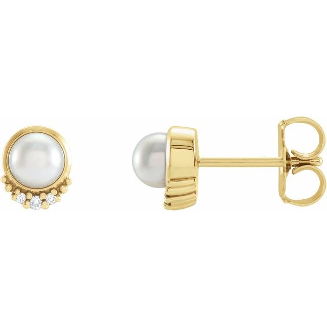 14K Yellow Cultured White Akoya Pearl & .02 CTW Natural Diamond Earrings