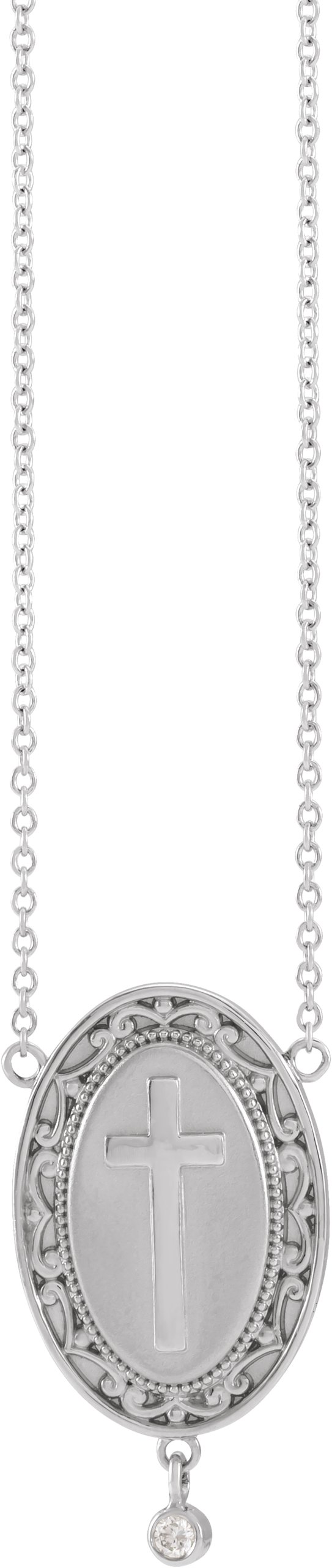 14K White .015 CT Natural Diamond Rosary Cross 18" Necklace