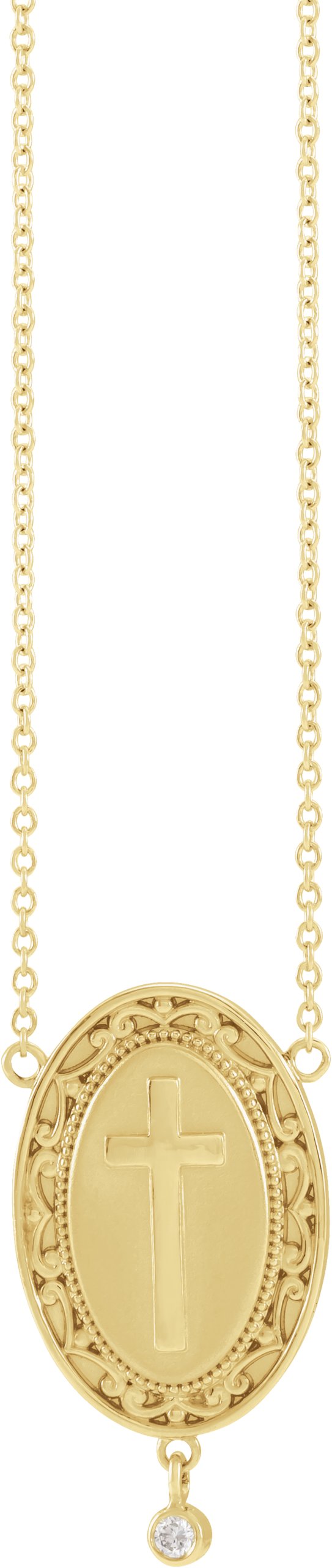 14K Yellow .015 CT Natural Diamond Rosary Cross 18" Necklace