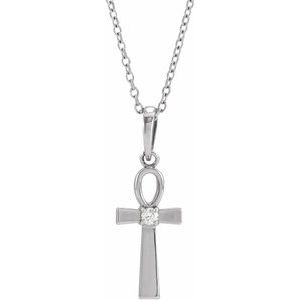 Sterling Silver .03 CT Natural Diamond Ankh Cross 16-18" Necklace