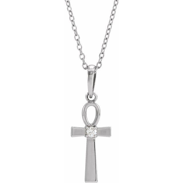 Sterling Silver .03 CT Natural Diamond Ankh Cross 16-18 Necklace
