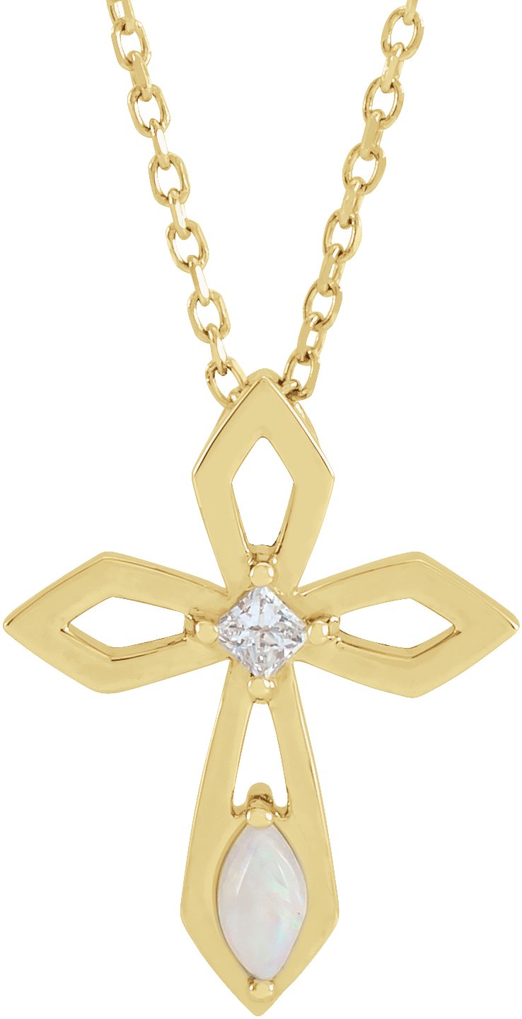 14K Yellow Natural White Opal & .05 CT Natural Diamond Cross 16-18" Necklace