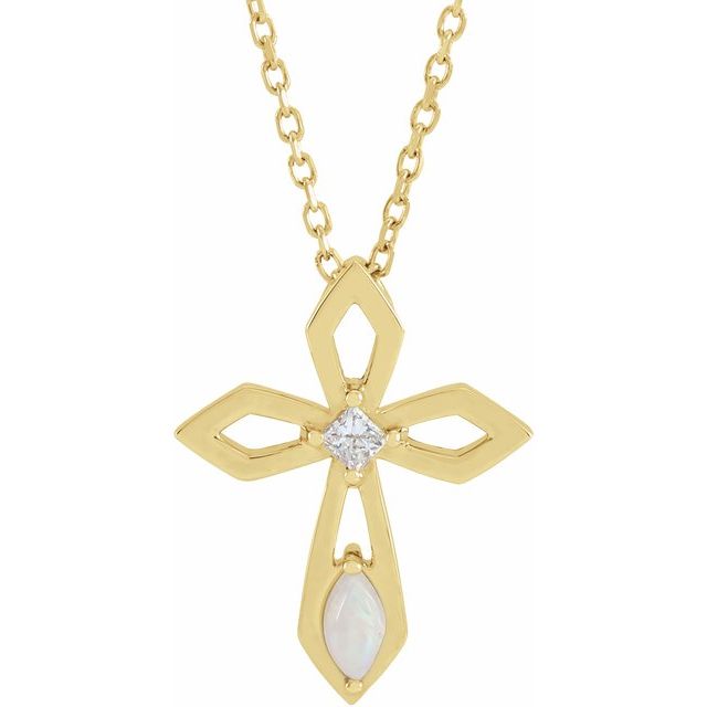 14K Yellow Natural White Opal & .05 CT Natural Diamond Cross 16-18 Necklace