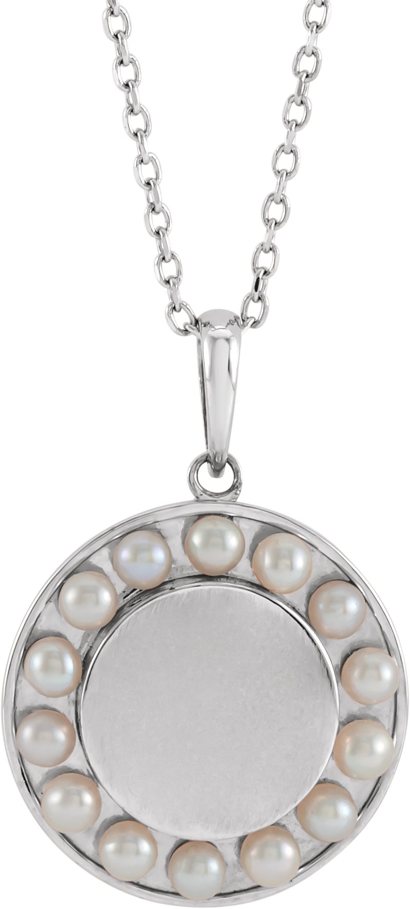 14K White Cultured White Seed Pearl Engravable Halo-Style 16-18" Necklace