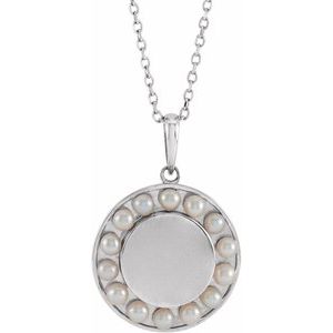14K White Cultured White Seed Pearl Engravable Halo-Style 16-18" Necklace