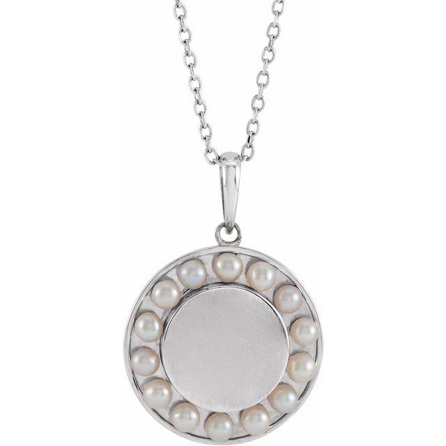 14K White Cultured White Seed Pearl Engravable Halo-Style 16-18 Necklace
