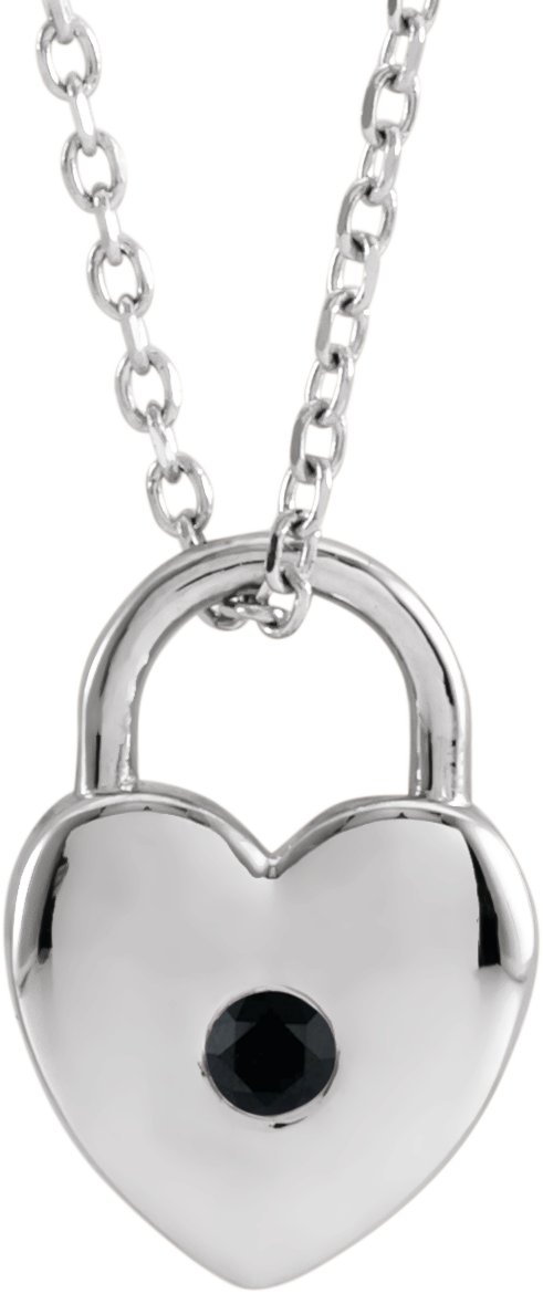 14K White Natural Black Spinel Heart Lock 18" Necklace