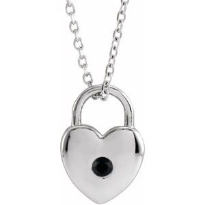 14K White Natural Black Spinel Heart Lock 18" Necklace