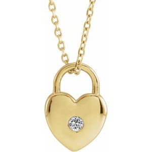14K Yellow Natural White Sapphire Heart Lock 18" Necklace