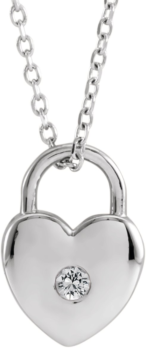 Sterling Silver Natural White Sapphire Heart Lock 18" Necklace