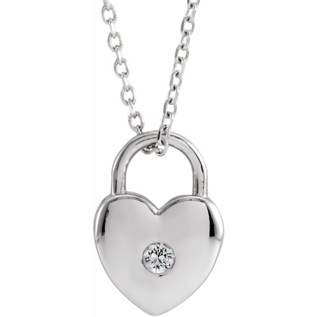 Sterling Silver Natural White Sapphire Heart Lock 18" Necklace